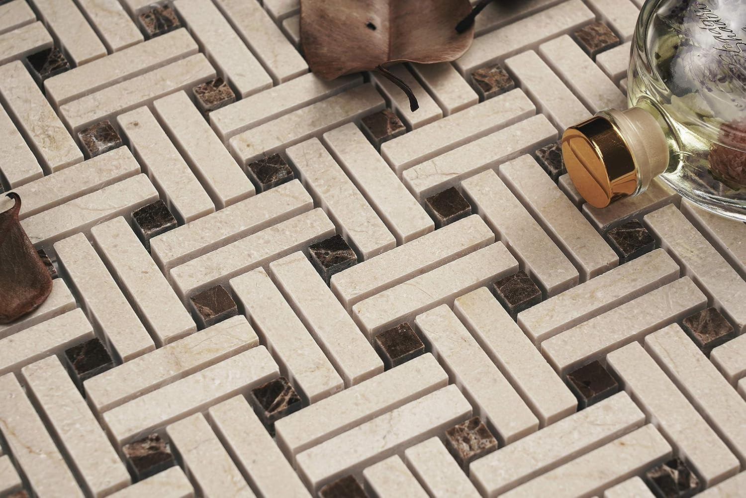 5 Sheets Marble Mosaic Tile for Kitchen Backsplash, Bathroom Shower Floor Etc, Knot Collection, Strips and Dots, 12"X12"X3/8", Polished (Set of 5 Sheets, MM 7203 - Patch)